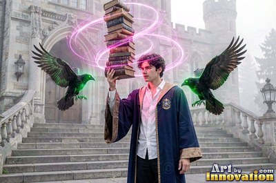 A young man balances books between two flying ravens ringed by pink light
