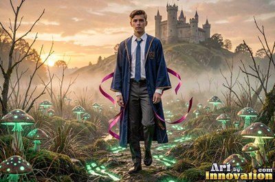A young man in a blue robe walks along a path of green mushrooms by a castle