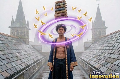 On a castle rooftop, a shirtless young man balances books above his head in an open robe
