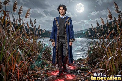 Walking near a lake, a young man wears a long blue robe under the bright full moon