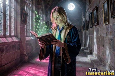 A blond man in blue robes reads a book with green letters