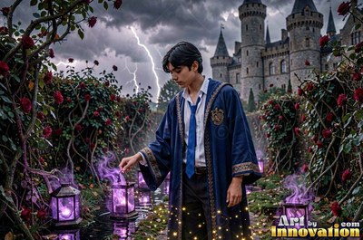 Wearing an open blue robe, a young man touches purple lanterns in a rose garden by a castle under lightning