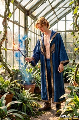 A man in a clear blue robe casts sparks from a wand in bright greenhouse light