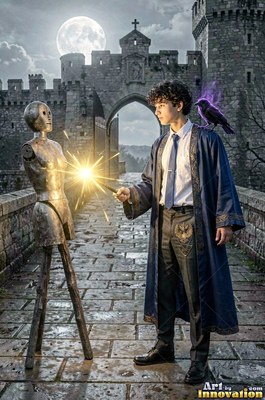 Standing on a castle bridge, a young man points a wand at a wooden dummy