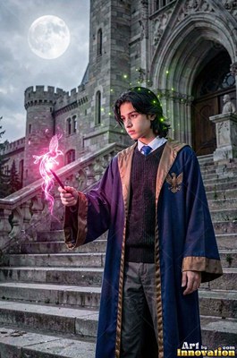 A young man in blue robes holds a wand making a pink bird shape outside a castle