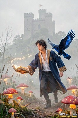 In a mushroom field, a man in a blue robe walks with a raven near a castle