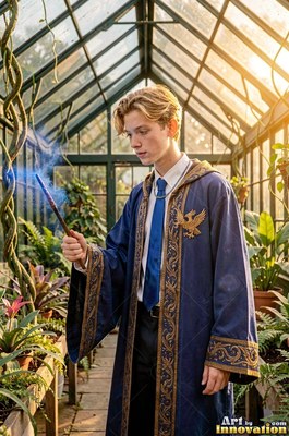 Holding a smoking wand, a young blond man stands in a greenhouse wearing blue robes