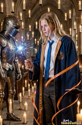 Blond young man in blue wizard robes sparks a wand near metal armor