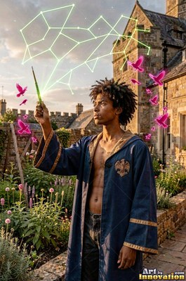 Wearing a bright blue robe, a man casts magic outside a stone castle garden