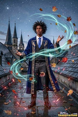 A young man in a blue robe casts magic on a rooftop under pale blue streaks of light