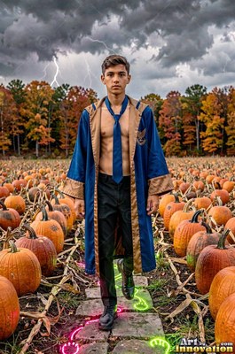 Walking forward through a pumpkin patch, a man wears a bright blue robe