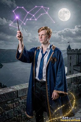 A young red-haired man in blue robes holds a wand under the full moon