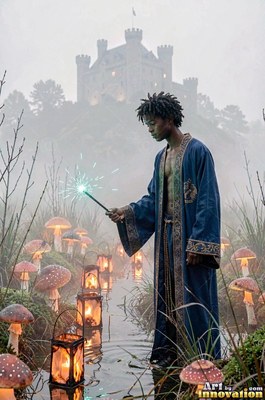 In a foggy marsh below a castle, a man in a blue robe holds a lit wand