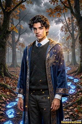 Standing in an autumn forest, a young man wears a bright blue robe near bright footprints
