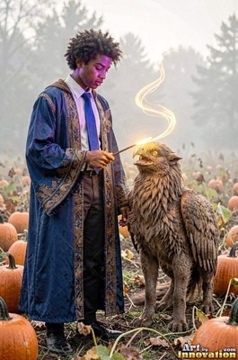 Wearing a blue robe, a young man points a wand at a feathered beast in a pumpkin patch