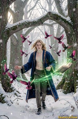 Walking forward in a snowy forest, a man in an open blue robe is circled by birds