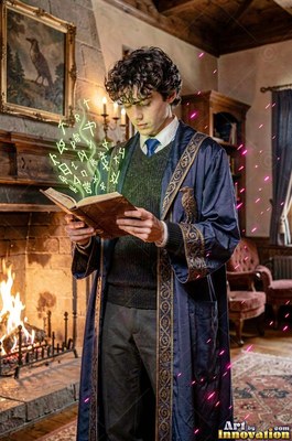 A young man in a blue robe reads an open book by a stone fireplace