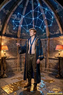 In a stone tower room, a young man raises a wand under blue constellation lines