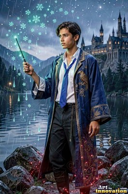 Raising a wand, a young man in a blue robe stands by a lake in the rain