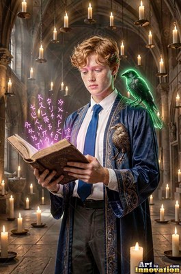 Wearing a blue velvet robe inside a candlelit stone hall, a young man reads a book