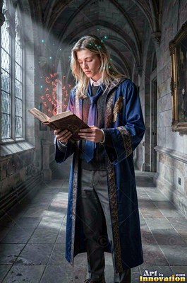 A blond man reads an open spellbook under sunlight streaming into a stone hallway