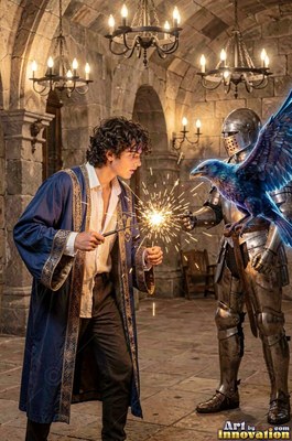 Facing right in a stone hall, a man in a blue robe sparks a wand near a blue raven