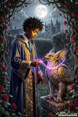 A young man in a blue robe points a wand at a small griffin under the moon