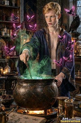 Stirring a green potion, a young blond man in an open robe casts purple birds
