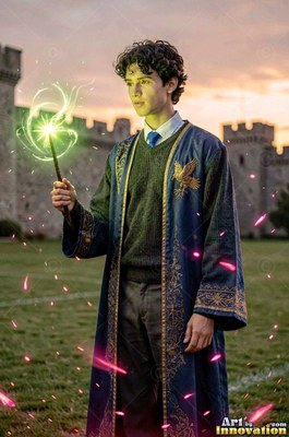 A man in a blue robe holds a wand with green light near a castle