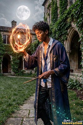 A young man in a blue robe holds a swirling ring of fire under bright white moonlight