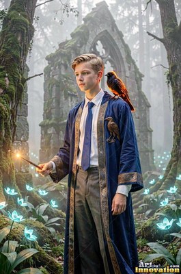 A young blond man in a blue robe holds a wand with a raven on his shoulder