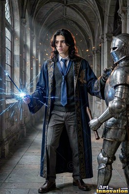 In a stone hallway, a young man in blue robes aims a spark wand past armor