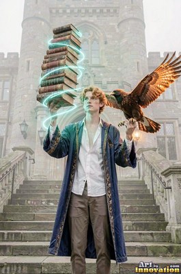 Balancing floating books in hand, a young man in blue robes holds a brown hawk outside