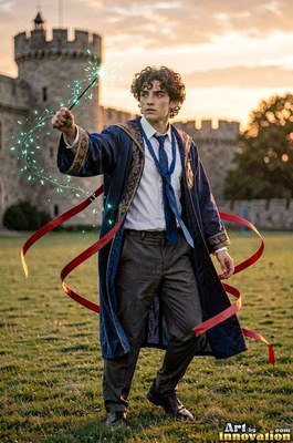 Wearing a blue velvet robe, a young man raises a wand on a castle lawn