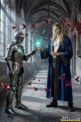 A blond man in a blue robe sparks green light from a wand held by a knight in armor