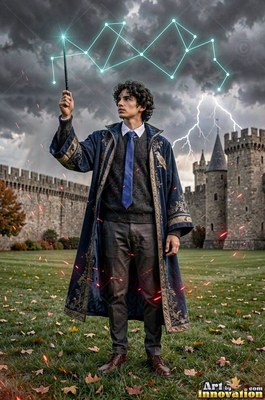 Standing outside a stone castle, a young man has in his hands up a wand beneath storm clouds