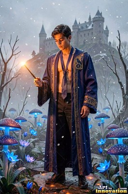 A young man in an open blue robe holds a lit wand in the snow near a castle
