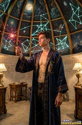In an observatory, a shirtless man in a blue robe raises a sparking wand