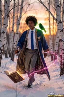 Walking in a snowy birch forest, a young man in blue robes casts magic near a raven