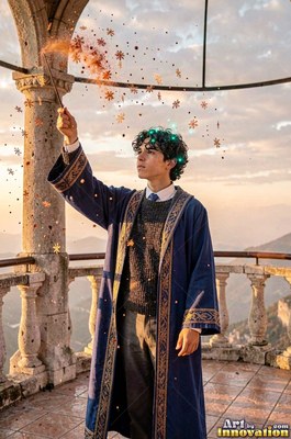 A man in a blue robe raises a wand on a stone balcony