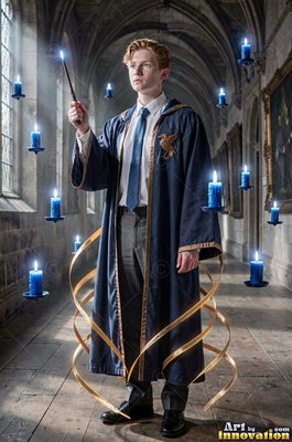 Standing in a stone hall, a young man raises a lit wand beside blue candles