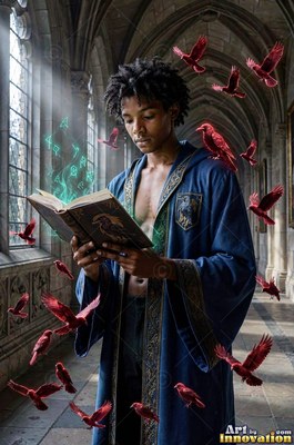 A young man in a blue robe reads a book as red birds fly around him in a hall