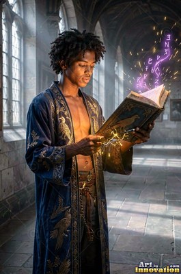 Wearing a pale blue robe, a young man reads a magic book in a stone hall under window light