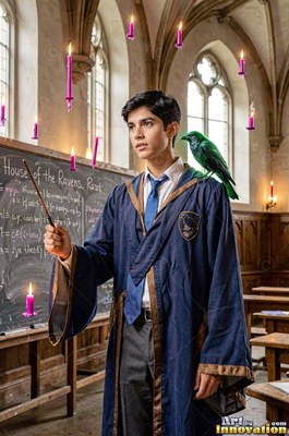 A young man raises his wand in a classroom with floating purple candles