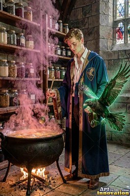 A young man in a blue robe stirs a cauldron while a black raven flies near his arm