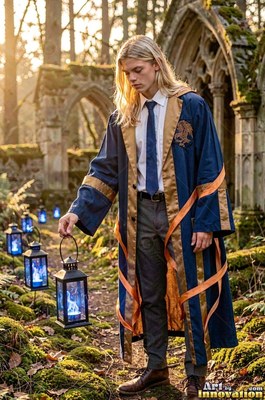 Holding a lantern, a blond young man in a blue robe walks along stone ruins in the woods