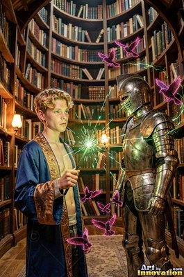 A young man in a blue robe casts green light by a knight