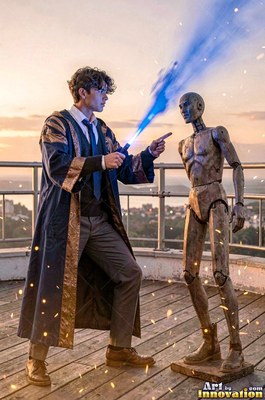 Wearing a blue robe with gold trim on a rooftop deck, a young man points a wand at a wooden dummy