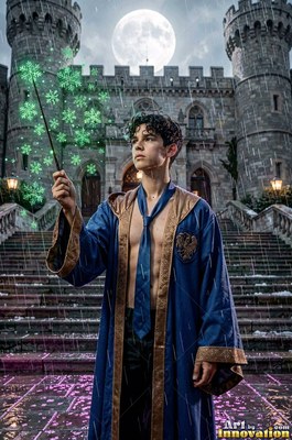 A young man in an open blue robe raises a wand that sparks green in the rain