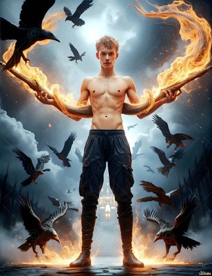 A shirtless young man holds two fiery curved horns as black ravens fly all around him